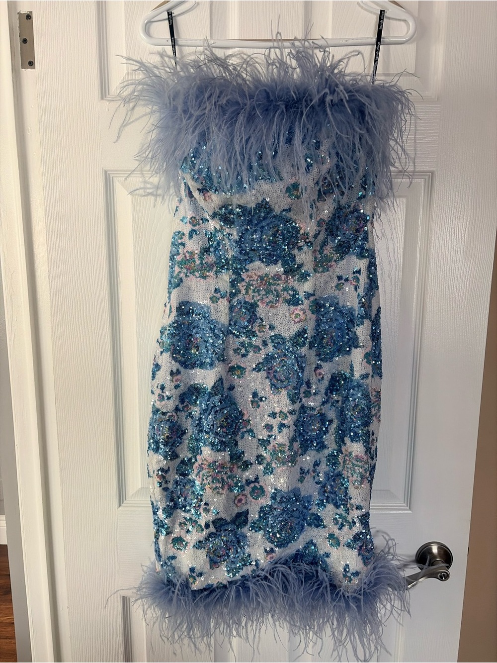 Lavish Alice blue feather and sequin dress